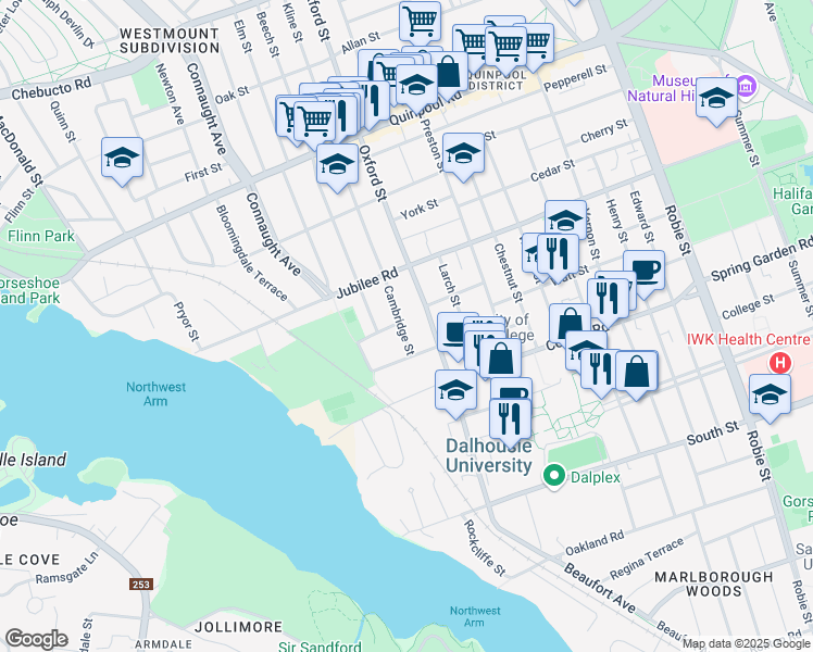map of restaurants, bars, coffee shops, grocery stores, and more near 1623 Cambridge Street in Halifax