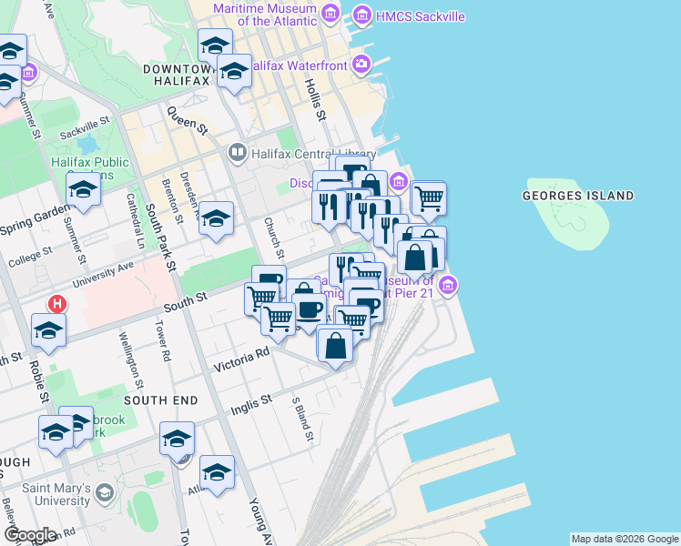 map of restaurants, bars, coffee shops, grocery stores, and more near 5206 Tobin Street in Halifax