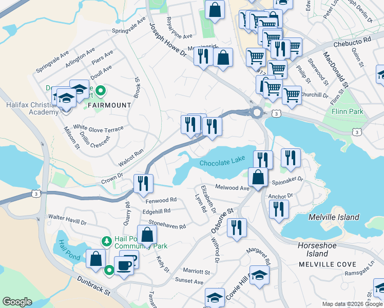 map of restaurants, bars, coffee shops, grocery stores, and more near 5 Ferndale Drive in Halifax