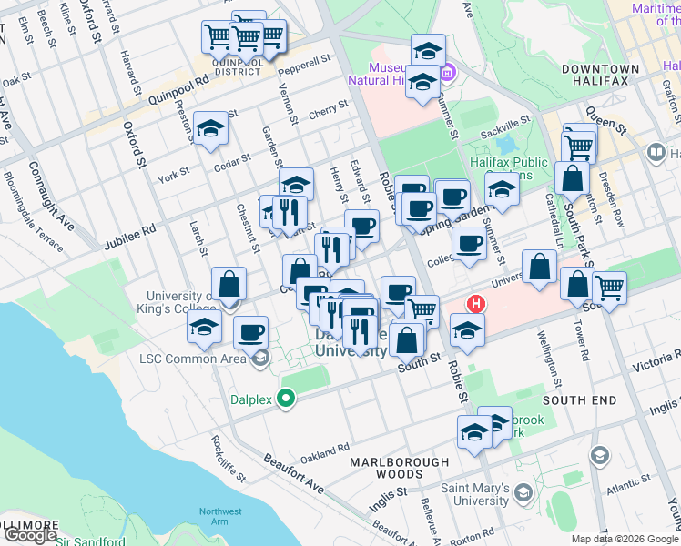 map of restaurants, bars, coffee shops, grocery stores, and more near 1460 Seymour Street in Halifax