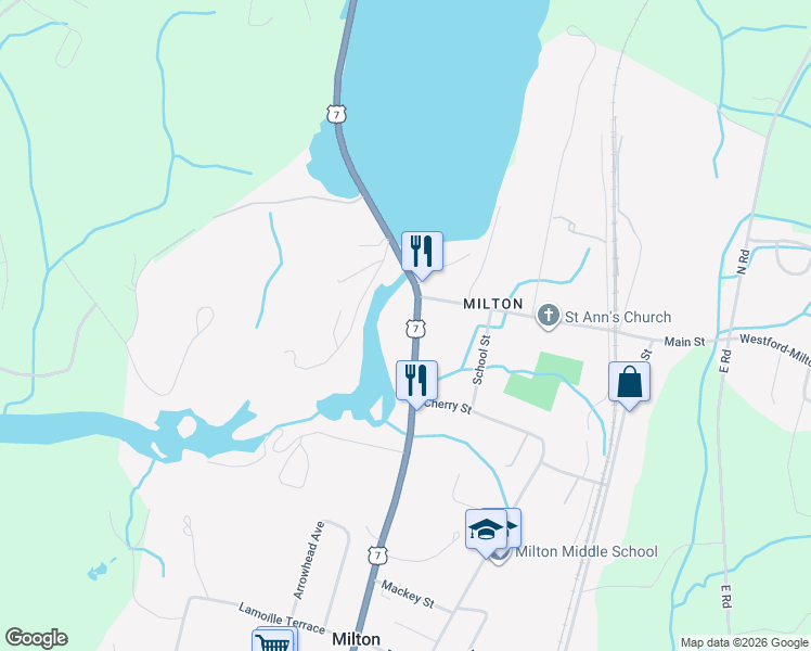 map of restaurants, bars, coffee shops, grocery stores, and more near 17 River Street in Milton