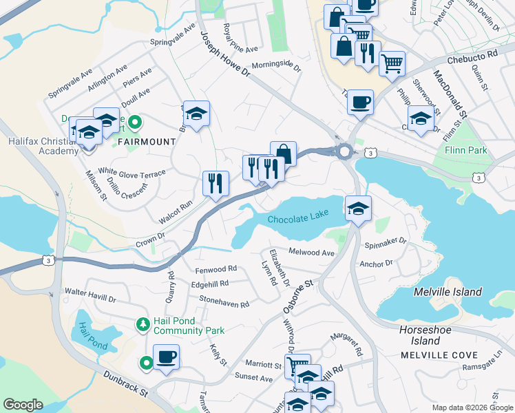map of restaurants, bars, coffee shops, grocery stores, and more near 5 Ferndale Drive in Halifax