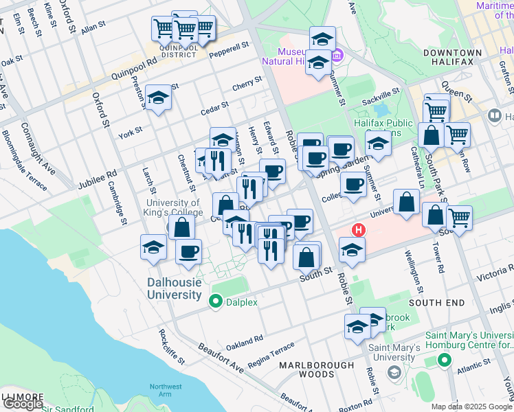 map of restaurants, bars, coffee shops, grocery stores, and more near 1460 Seymour Street in Halifax