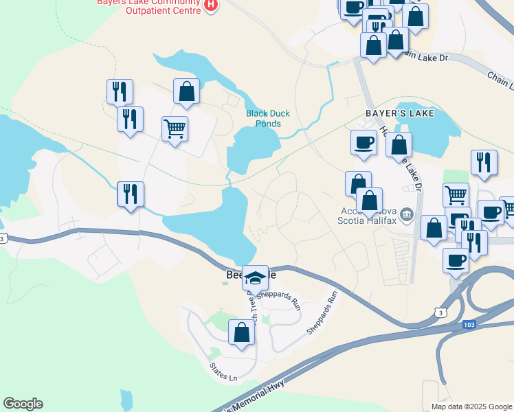map of restaurants, bars, coffee shops, grocery stores, and more near 127 Flatrock Crescent in Halifax
