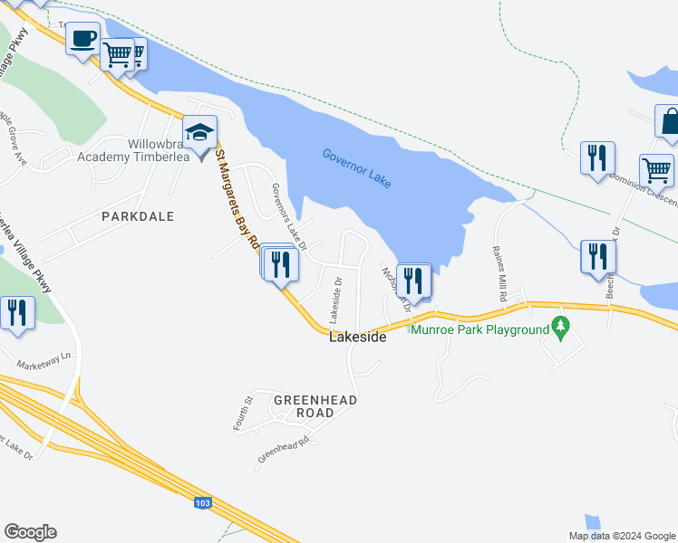 map of restaurants, bars, coffee shops, grocery stores, and more near 143 Governors Lake Drive in Timberlea