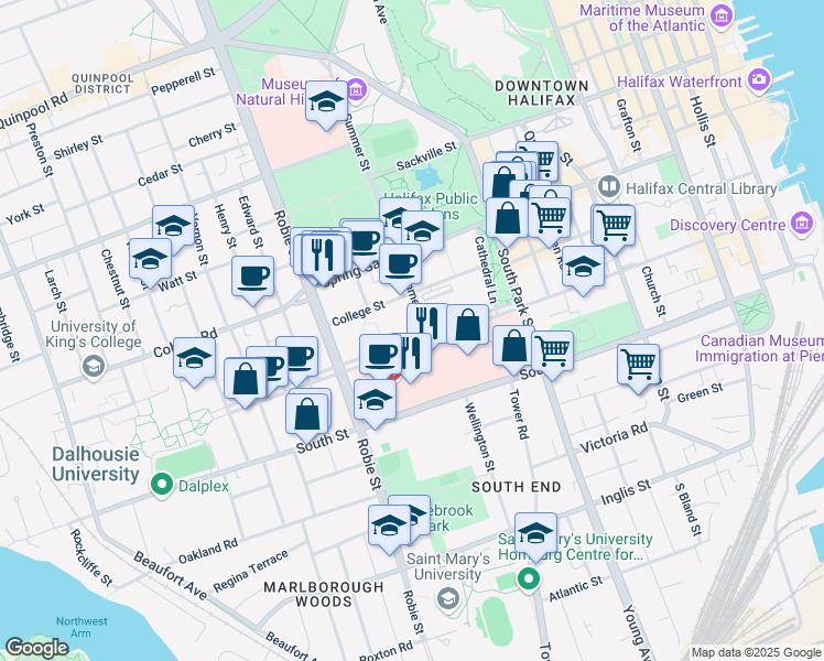 map of restaurants, bars, coffee shops, grocery stores, and more near 5793 University Avenue in Halifax