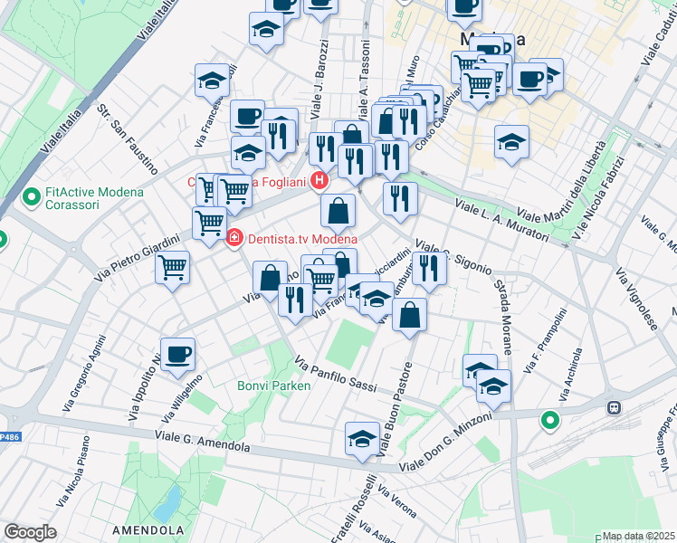 map of restaurants, bars, coffee shops, grocery stores, and more near 83-107 Via Lodovico Lana in Modena