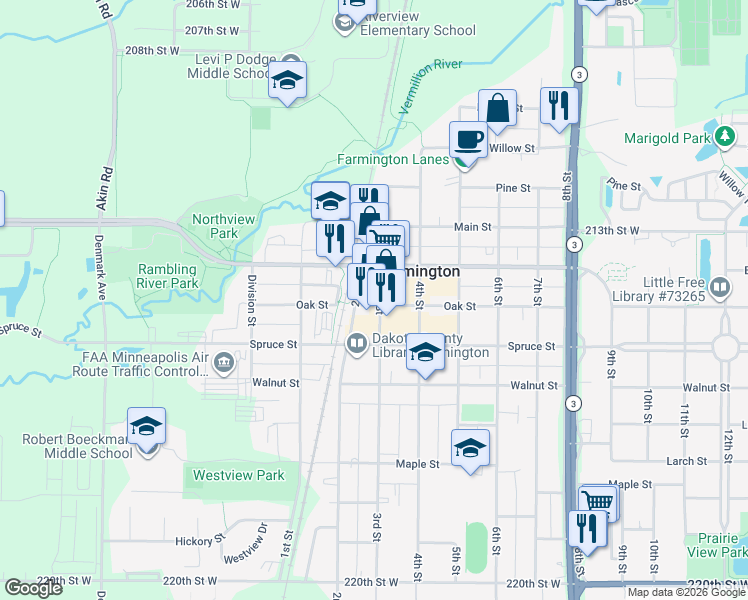 map of restaurants, bars, coffee shops, grocery stores, and more near 344 3rd Street in Farmington