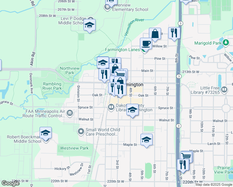 map of restaurants, bars, coffee shops, grocery stores, and more near 344 3rd Street in Farmington