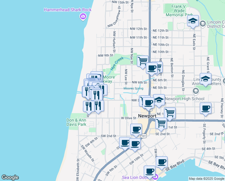 map of restaurants, bars, coffee shops, grocery stores, and more near 433 Northwest Hurbert Street in Newport