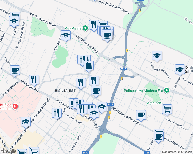 map of restaurants, bars, coffee shops, grocery stores, and more near 4 Strada Fossa Monda Sud in Modena