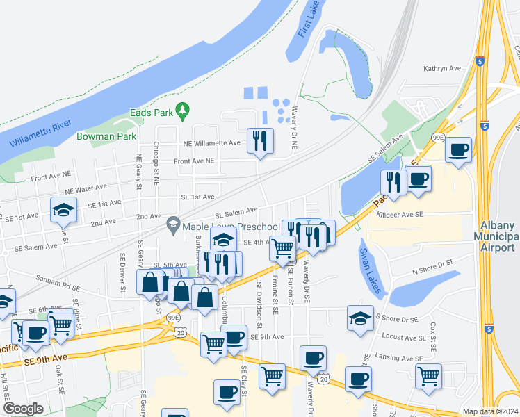 map of restaurants, bars, coffee shops, grocery stores, and more near 2349 Southeast Salem Avenue in Albany