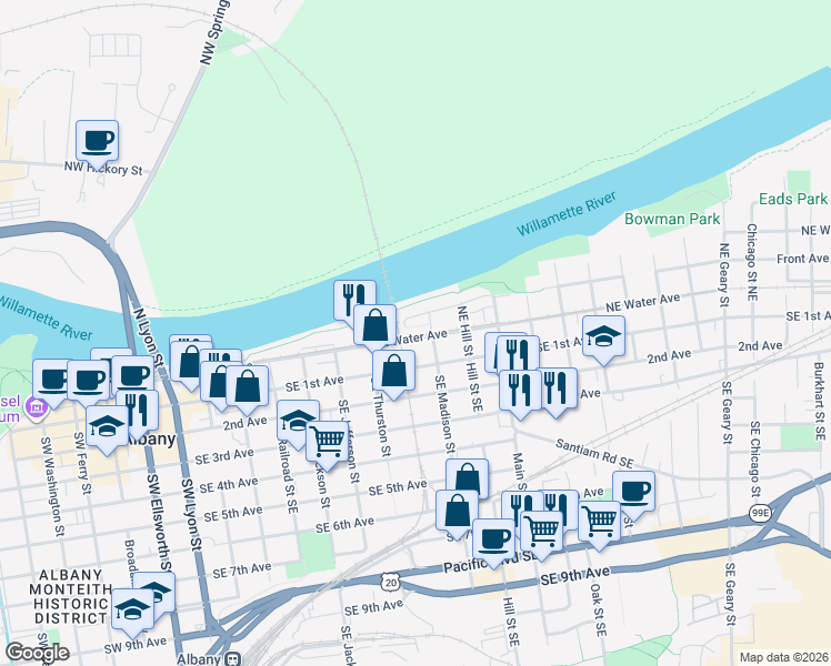 map of restaurants, bars, coffee shops, grocery stores, and more near 811 Front Avenue Northeast in Albany