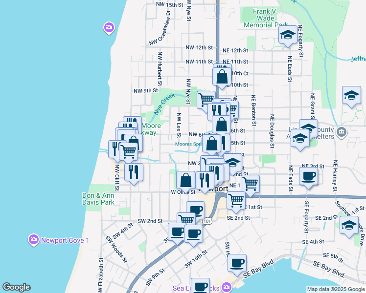 map of restaurants, bars, coffee shops, grocery stores, and more near 317 Northwest 6th Street in Newport