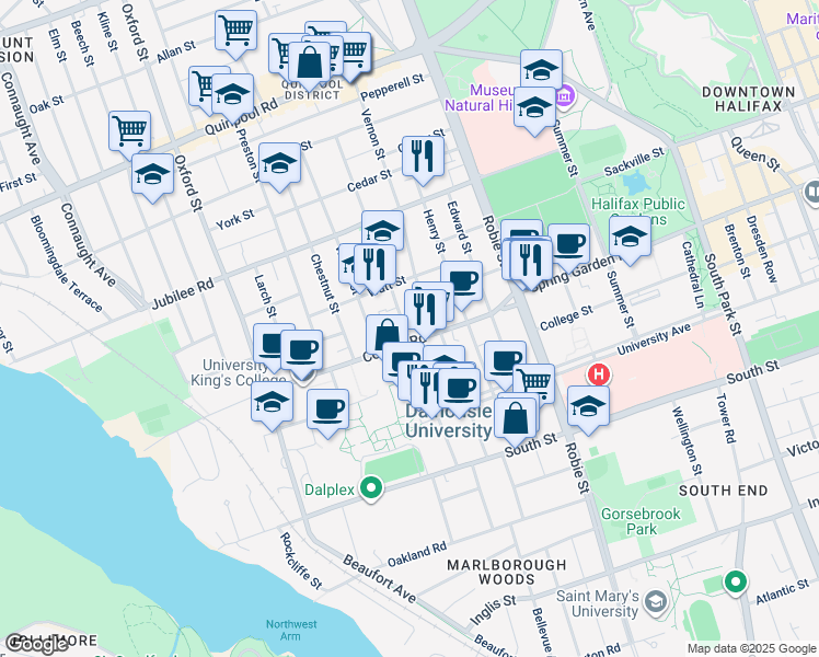 map of restaurants, bars, coffee shops, grocery stores, and more near in Halifax