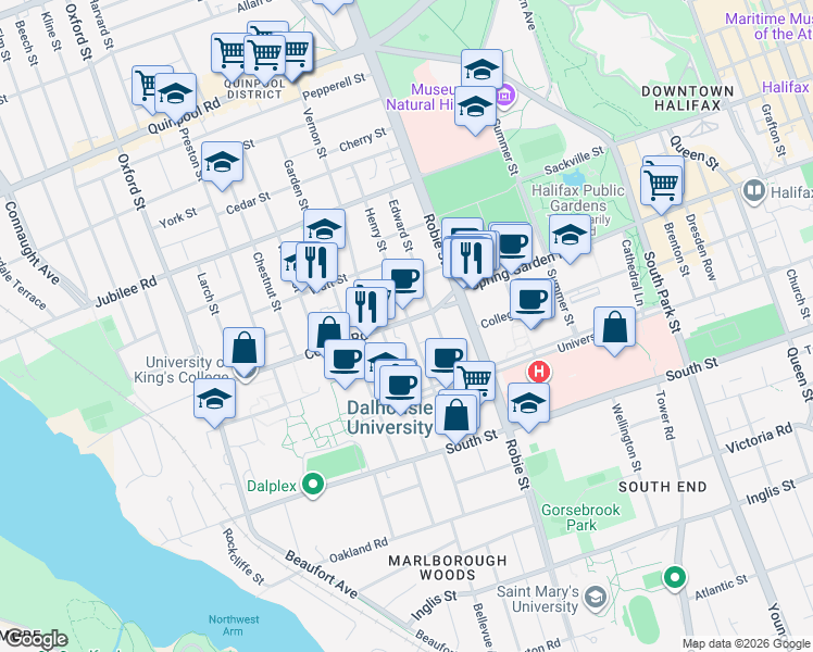map of restaurants, bars, coffee shops, grocery stores, and more near 6088 Coburg Road in Halifax