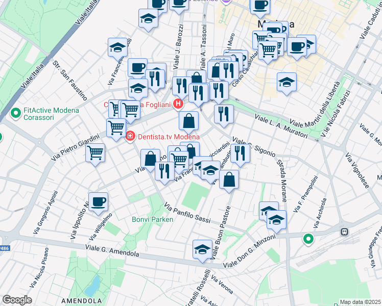 map of restaurants, bars, coffee shops, grocery stores, and more near 83-107 Via Lodovico Lana in Modena