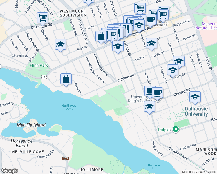 map of restaurants, bars, coffee shops, grocery stores, and more near 6640 Jubilee Road in Halifax