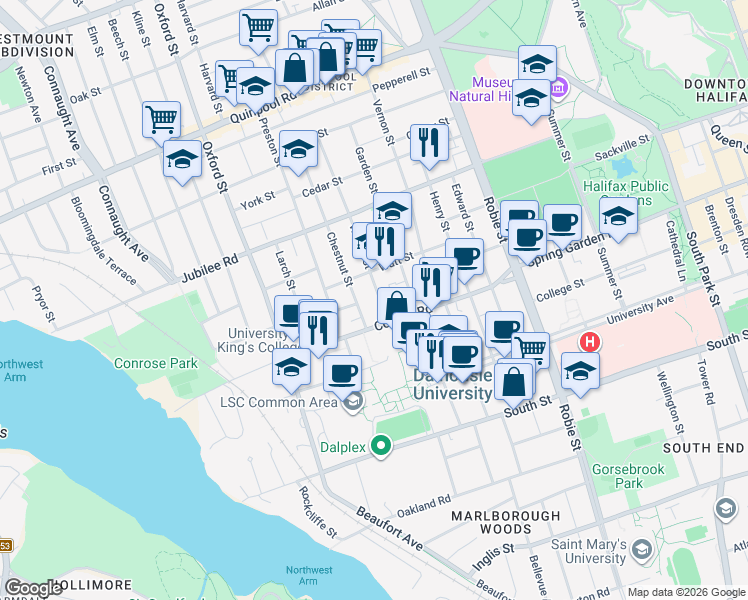 map of restaurants, bars, coffee shops, grocery stores, and more near 1570 Walnut Street in Halifax