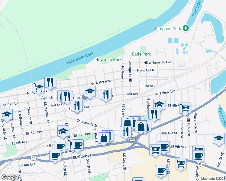 map of restaurants, bars, coffee shops, grocery stores, and more near 1638 1st Avenue East in Albany