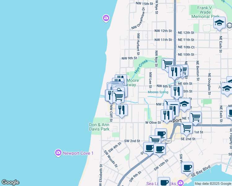 map of restaurants, bars, coffee shops, grocery stores, and more near 546 Northwest Coast Street in Newport