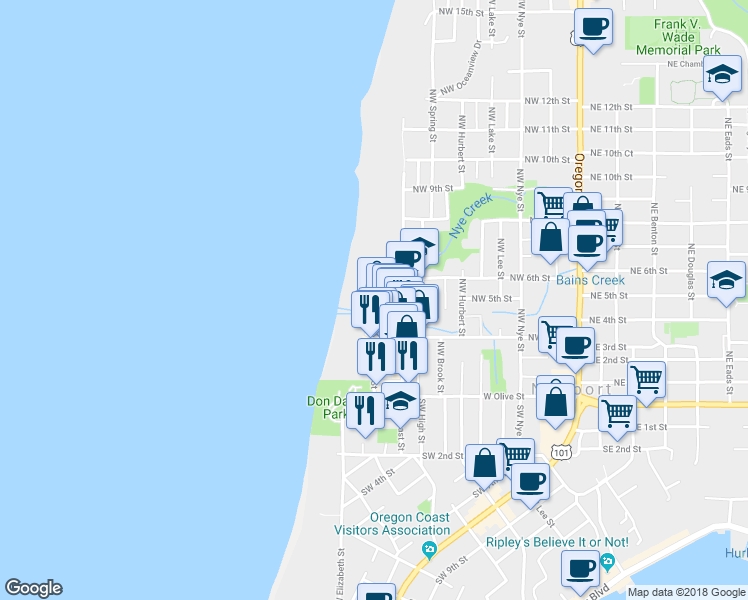 map of restaurants, bars, coffee shops, grocery stores, and more near 555 Northwest Alpine Street in Newport