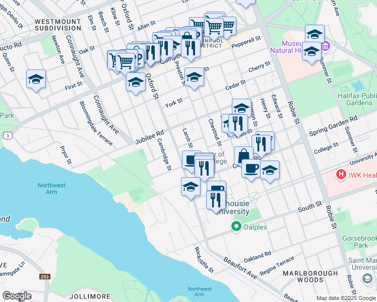 map of restaurants, bars, coffee shops, grocery stores, and more near 1590 Larch Street in Halifax