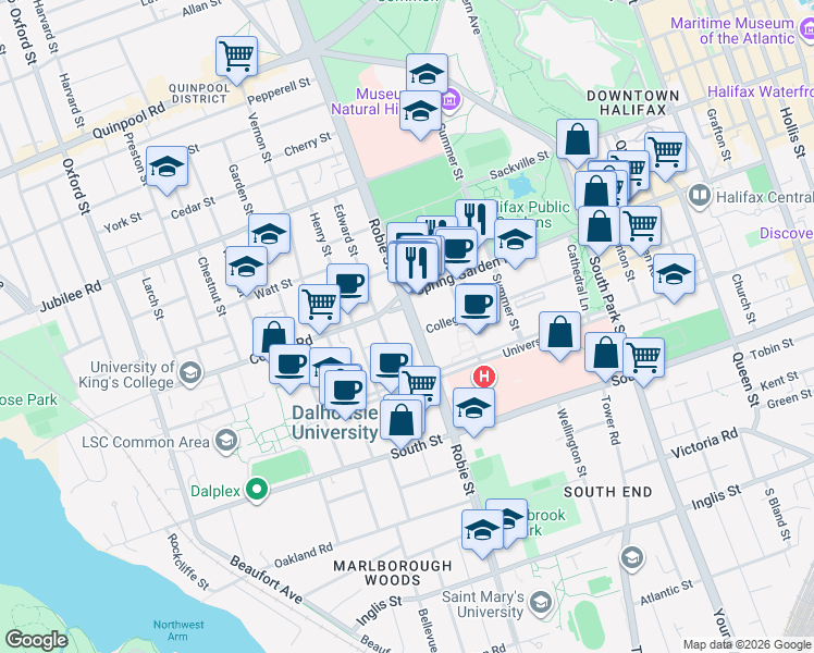 map of restaurants, bars, coffee shops, grocery stores, and more near 1378 Robie Street in Halifax