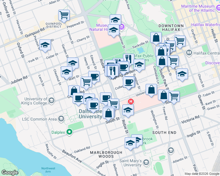 map of restaurants, bars, coffee shops, grocery stores, and more near 5990 Spring Garden Road in Halifax
