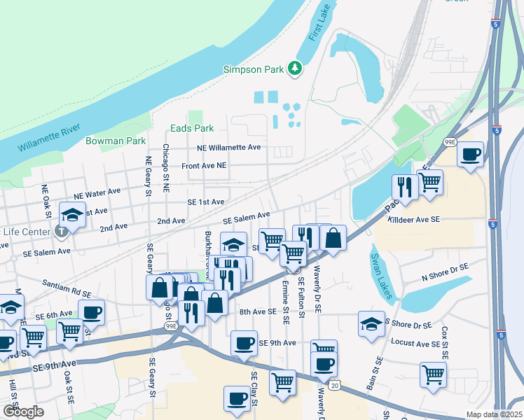 map of restaurants, bars, coffee shops, grocery stores, and more near 2337 Southeast Salem Avenue in Albany
