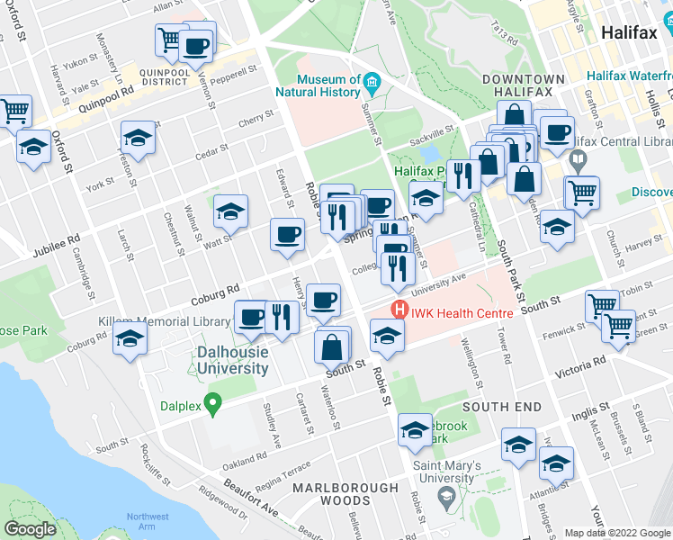 map of restaurants, bars, coffee shops, grocery stores, and more near 1378 Robie Street in Halifax
