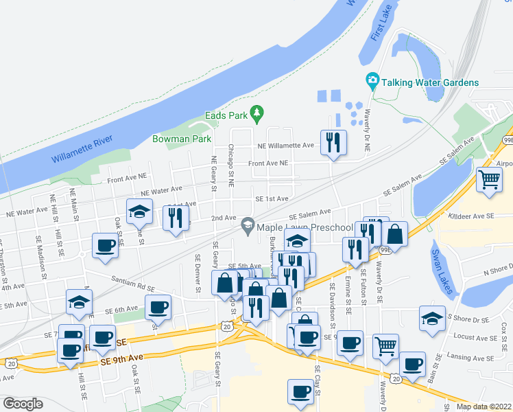 map of restaurants, bars, coffee shops, grocery stores, and more near 2010 Southeast 1st Avenue in Albany
