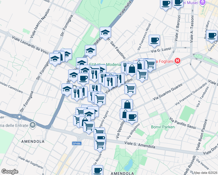map of restaurants, bars, coffee shops, grocery stores, and more near 45 Via Antonio Cardarelli in Modena