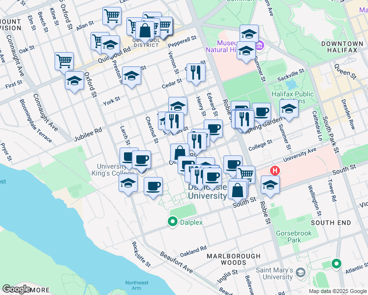 map of restaurants, bars, coffee shops, grocery stores, and more near 1528 Lemarchant Street in Halifax
