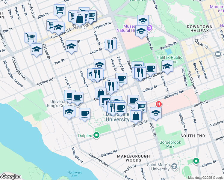 map of restaurants, bars, coffee shops, grocery stores, and more near 1532 Vernon Street in Halifax