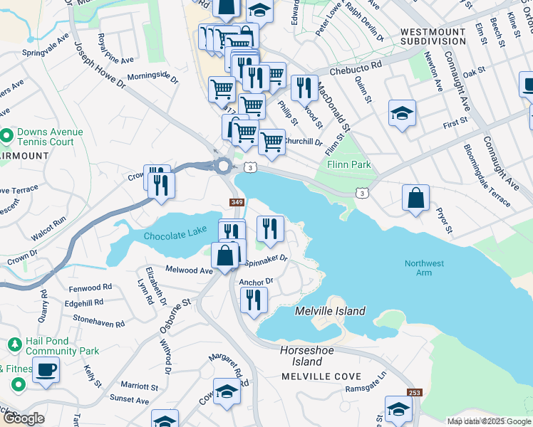 map of restaurants, bars, coffee shops, grocery stores, and more near 22 Armshore Drive in Halifax