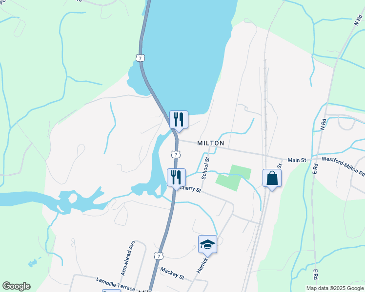 map of restaurants, bars, coffee shops, grocery stores, and more near 2 River Street in Milton