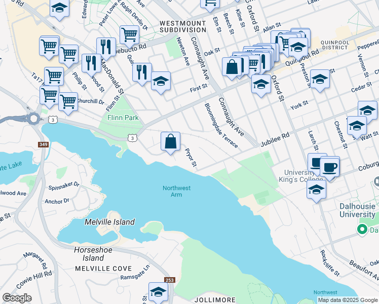 map of restaurants, bars, coffee shops, grocery stores, and more near 1753 Pryor Street in Halifax