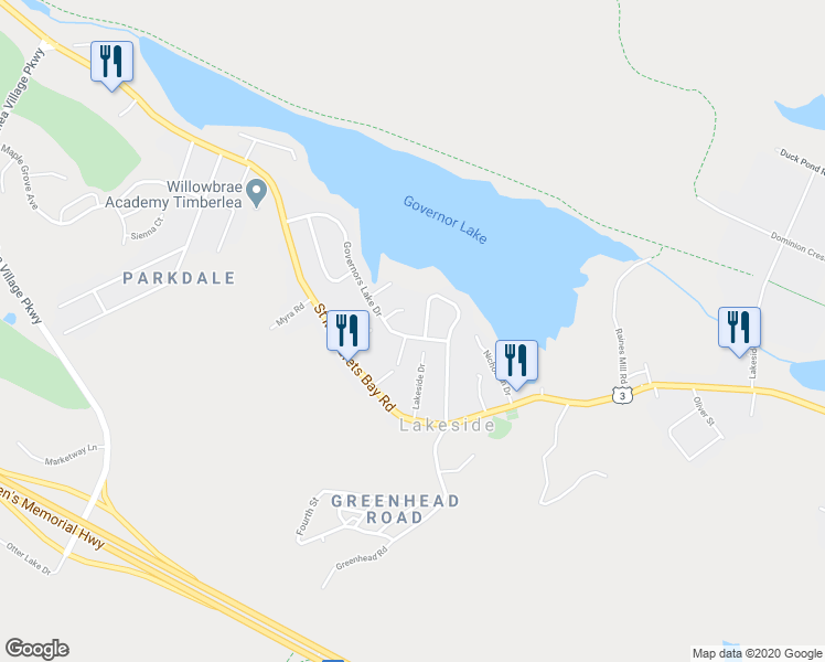 map of restaurants, bars, coffee shops, grocery stores, and more near 136 Governors Lake Drive in Timberlea