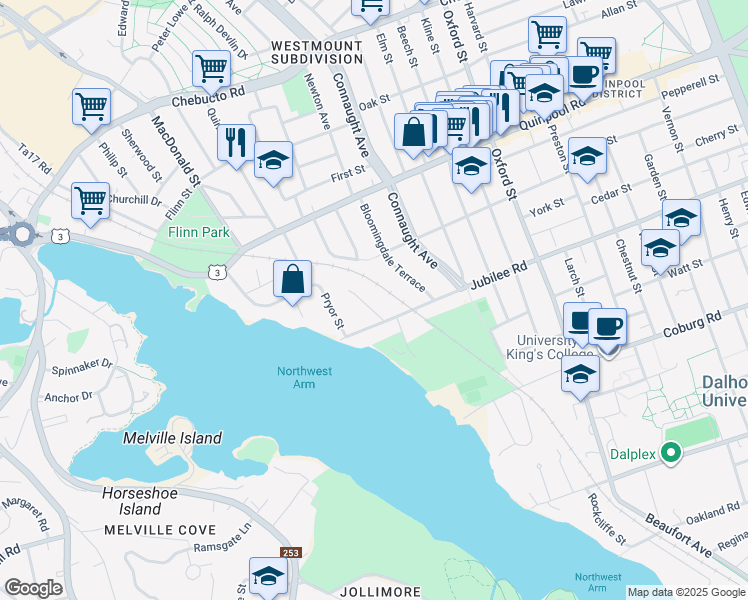 map of restaurants, bars, coffee shops, grocery stores, and more near 1731 Dunvegan Drive in Halifax