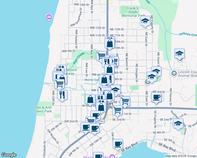 map of restaurants, bars, coffee shops, grocery stores, and more near 201 Northwest 6th Street in Newport