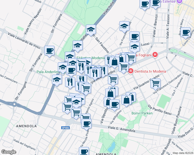 map of restaurants, bars, coffee shops, grocery stores, and more near 344-358 Via Pietro Giardini in Modena