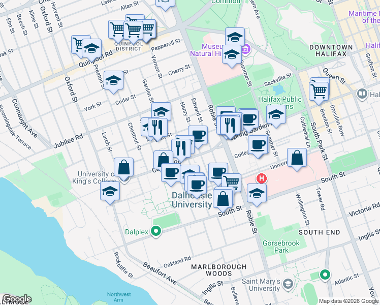 map of restaurants, bars, coffee shops, grocery stores, and more near 6095 Coburg Road in Halifax