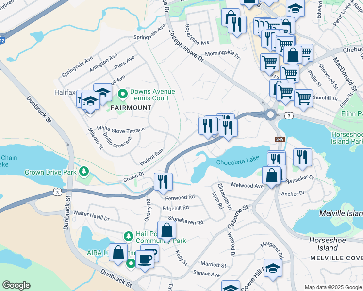 map of restaurants, bars, coffee shops, grocery stores, and more near 200 Crown Drive in Halifax