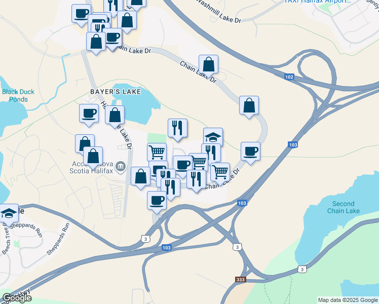 map of restaurants, bars, coffee shops, grocery stores, and more near 59 McQuade Lake Crescent in Halifax