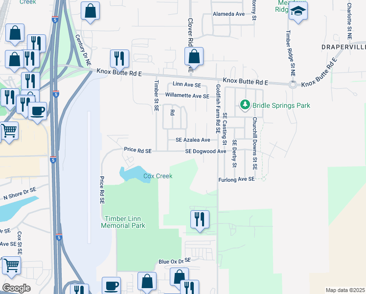 map of restaurants, bars, coffee shops, grocery stores, and more near 435 Hummingbird Street Southeast in Albany