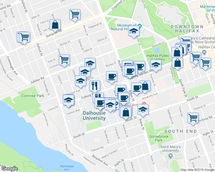 map of restaurants, bars, coffee shops, grocery stores, and more near 1544 Henry Street in Halifax