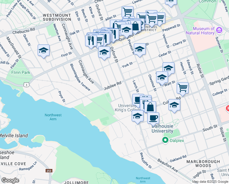 map of restaurants, bars, coffee shops, grocery stores, and more near 1667 Beech Street in Halifax