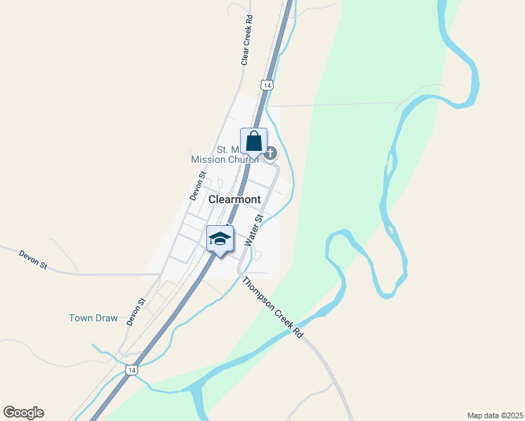 map of restaurants, bars, coffee shops, grocery stores, and more near Water Street in Clearmont