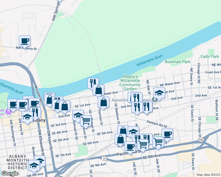 map of restaurants, bars, coffee shops, grocery stores, and more near 811 Front Avenue Northeast in Albany